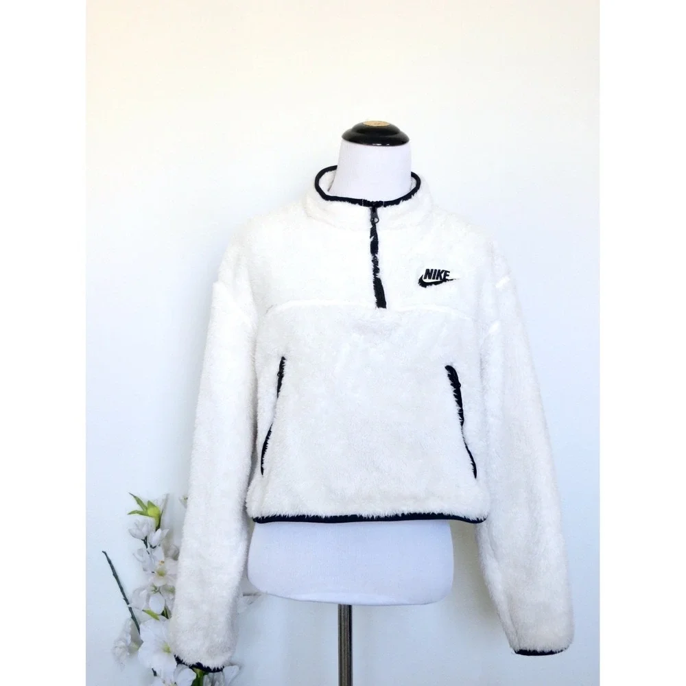 NEW! Nike Sportswear Quarter Zip Crop Sherpa Plush Fleece Shirt Ivory Black SZ M